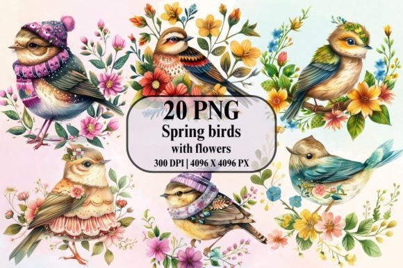 Download Cute Spring Birds with Flowers - Flowers Collection