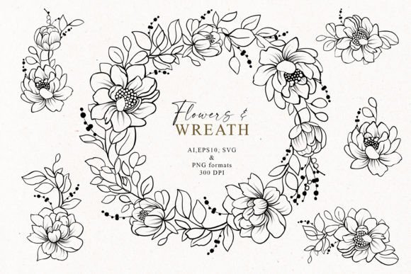 Download Hand Drawn Line Art Flowers and Wreath - Flowers Collection