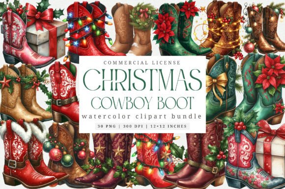 Download Christmas Cowboy Boots Clipart Bundle - Cowboy boots clipart Collection