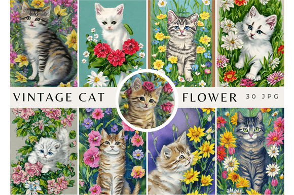 Download Vintage Watercolor Cat with Flowers Rose - Flowers Collection